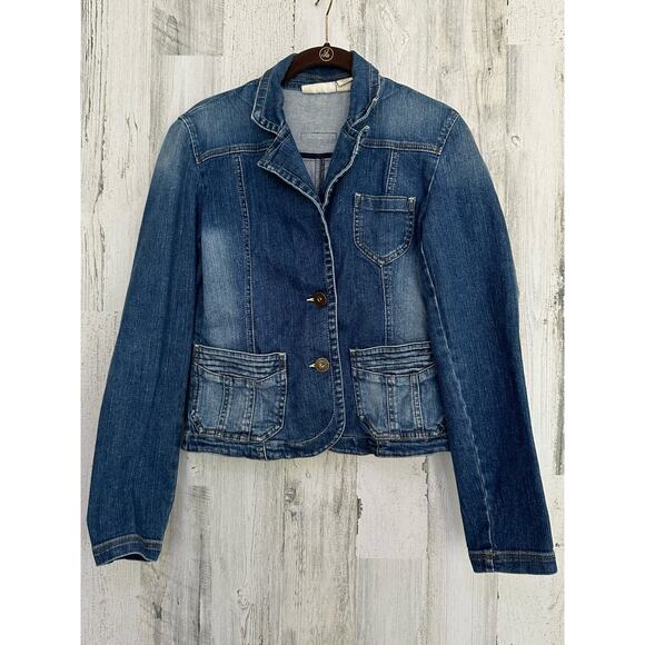 DKNY Jeans Cropped Denim Jacket Blazer Size Small (XS) Medium Wash Fading - Picture 1 of 8